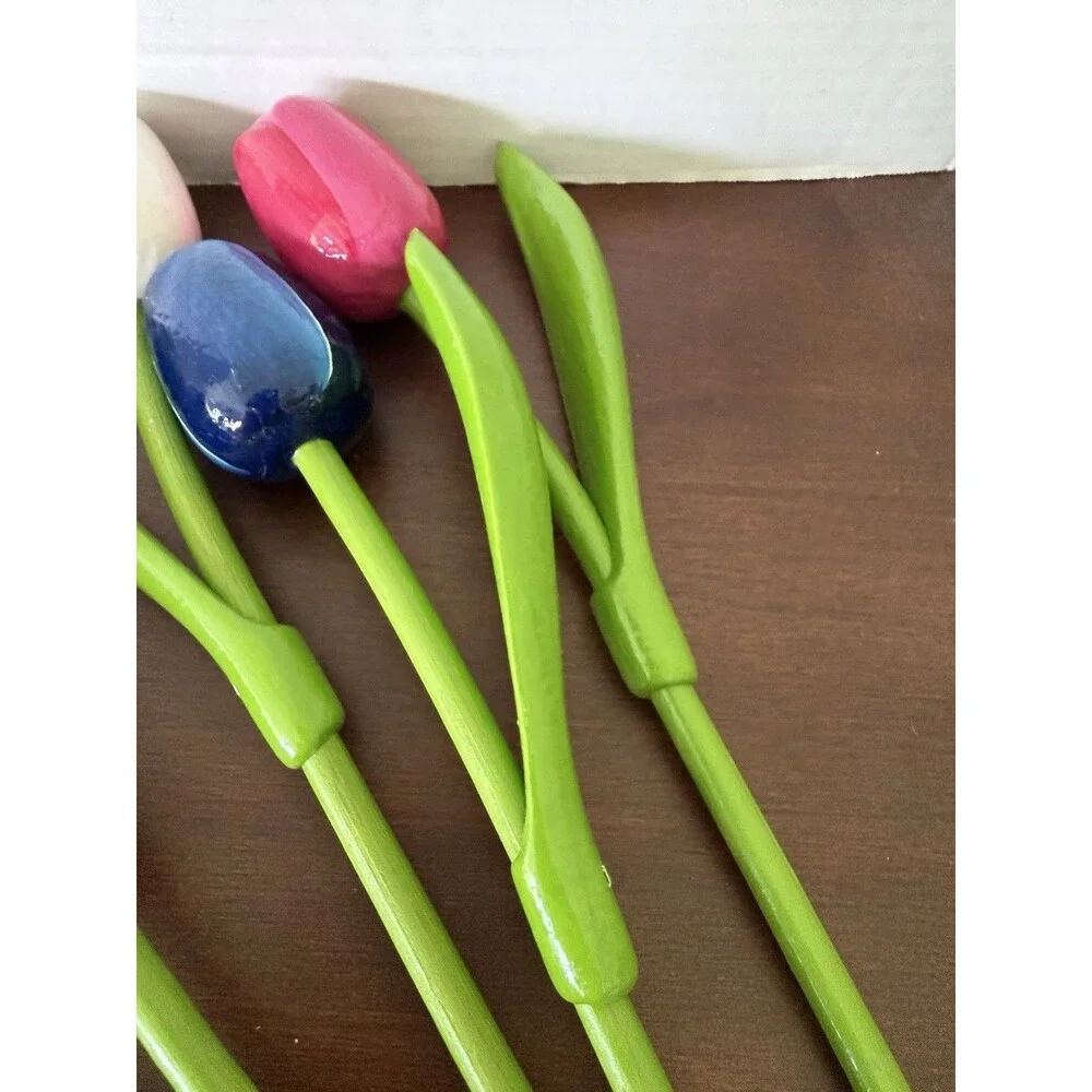 Set 8 Tall Wooden Tulips 11-13'' Wood Tulip Flowers Holland Bright Handmade READ